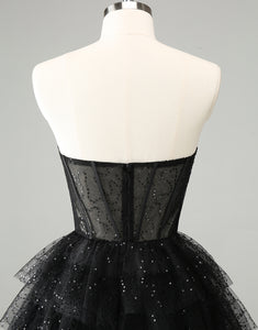 Sparkly A Line Black Sweetheart Tiered Corset Cute Homecoming Dress