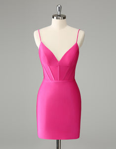 Fuchsia Bodycon Spaghetti Straps Satin Homecoming Dress