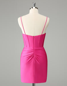 Fuchsia Bodycon Spaghetti Straps Satin Homecoming Dress