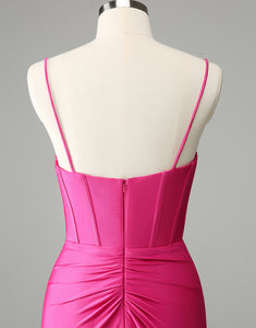 Fuchsia Bodycon Spaghetti Straps Satin Homecoming Dress