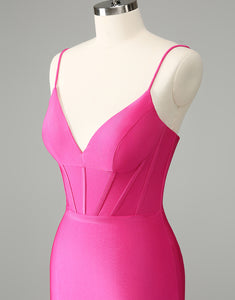 Fuchsia Bodycon Spaghetti Straps Satin Homecoming Dress