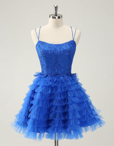 Blue A Line Spaghetti Straps Tulle Cute Homecoming Dress with Ruffles