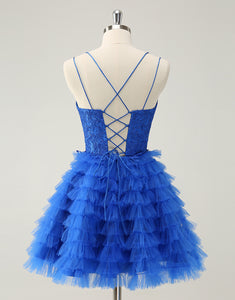 Blue A Line Spaghetti Straps Tulle Cute Homecoming Dress with Ruffles