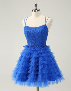 Blue A Line Spaghetti Straps Tulle Cute Homecoming Dress with Ruffles