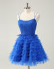 Blue A Line Spaghetti Straps Tulle Cute Homecoming Dress with Ruffles