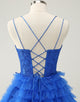 Blue A Line Spaghetti Straps Tulle Cute Homecoming Dress with Ruffles