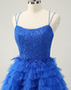 Blue A Line Spaghetti Straps Tulle Cute Homecoming Dress with Ruffles