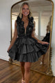 Black A-Line Halter Homecoming Dress with Cascading Ruffles