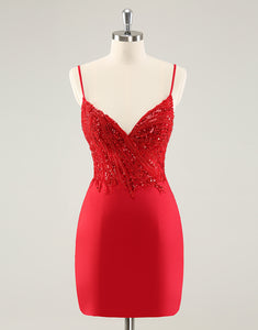 Sparkly Red Bodycon Spaghetti Straps Homecoming Dress with Sequins