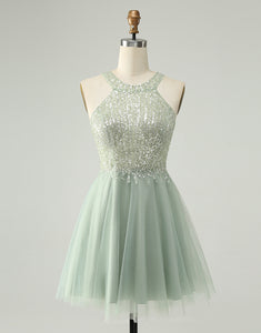 Dusty Green Halter Sequins A Line Homecoming Dress