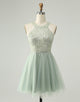 Dusty Green Halter Sequins A Line Homecoming Dress