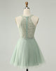 Dusty Green Halter Sequins A Line Homecoming Dress