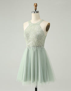 Dusty Green Halter Sequins A Line Homecoming Dress