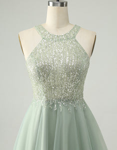 Dusty Green Halter Sequins A Line Homecoming Dress