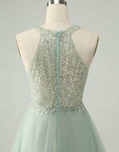 Dusty Green Halter Sequins A Line Homecoming Dress