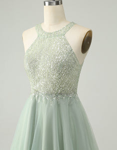 Dusty Green Halter Sequins A Line Homecoming Dress