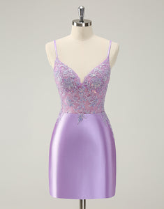 Sparkly Bodycon Lilac Spaghetti Straps Homecoming Dress with Sequins