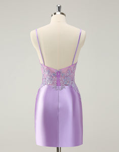 Sparkly Bodycon Lilac Spaghetti Straps Homecoming Dress with Sequins