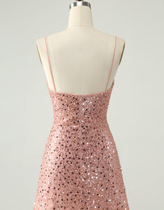 Sparkly Blush Spaghetti Straps Sequins A Line Short Homecoming Dress