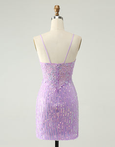 Sparkly Lilac Sequins Bodycon Mini Homecoming Dress with Slit