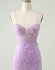 Sparkly Lilac Sequins Bodycon Mini Homecoming Dress with Slit