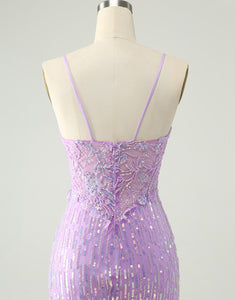 Sparkly Lilac Sequins Bodycon Mini Homecoming Dress with Slit