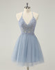 Sparkly Dusty Blue A Line Halter Homecoming Dress with Appliques