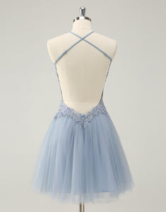 Sparkly Dusty Blue A Line Halter Homecoming Dress with Appliques