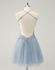 Sparkly Dusty Blue A Line Halter Homecoming Dress with Appliques