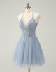 Sparkly Dusty Blue A Line Halter Homecoming Dress with Appliques