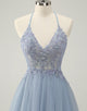 Sparkly Dusty Blue A Line Halter Homecoming Dress with Appliques