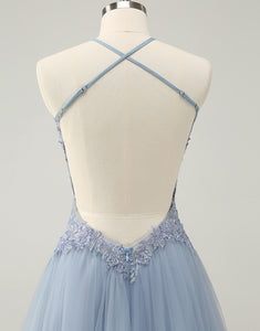 Sparkly Dusty Blue A Line Halter Homecoming Dress with Appliques