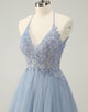 Sparkly Dusty Blue A Line Halter Homecoming Dress with Appliques