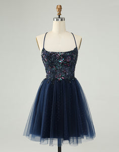 Glitter Navy A-Line Sequined Tulle Homecoming Dress