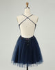 Glitter Navy A-Line Sequined Tulle Homecoming Dress