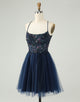 Glitter Navy A-Line Sequined Tulle Homecoming Dress