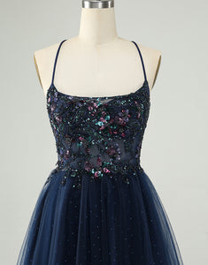 Glitter Navy A-Line Sequined Tulle Homecoming Dress