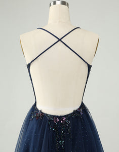 Glitter Navy A-Line Sequined Tulle Homecoming Dress