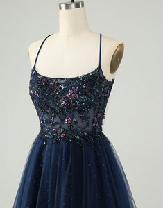 Glitter Navy A-Line Sequined Tulle Homecoming Dress