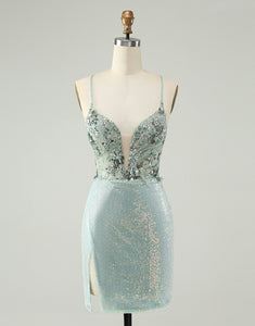 Glitter Dusty Green Tight Sequins V Neck Homecoming Dress