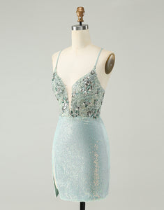 Glitter Dusty Green Tight Sequins V Neck Homecoming Dress