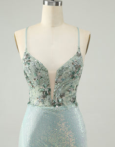 Glitter Dusty Green Tight Sequins V Neck Homecoming Dress