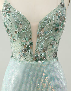 Glitter Dusty Green Tight Sequins V Neck Homecoming Dress