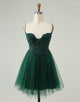 Glitter Dark Green A-Line Beaded Appliques Tulle Homecoming Dress