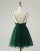 Glitter Dark Green A-Line Beaded Appliques Tulle Homecoming Dress