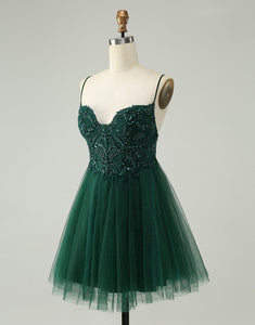 Glitter Dark Green A-Line Beaded Appliques Tulle Homecoming Dress