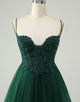 Glitter Dark Green A-Line Beaded Appliques Tulle Homecoming Dress