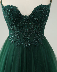 Glitter Dark Green A-Line Beaded Appliques Tulle Homecoming Dress