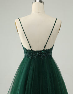 Glitter Dark Green A-Line Beaded Appliques Tulle Homecoming Dress