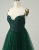 Glitter Dark Green A-Line Beaded Appliques Tulle Homecoming Dress